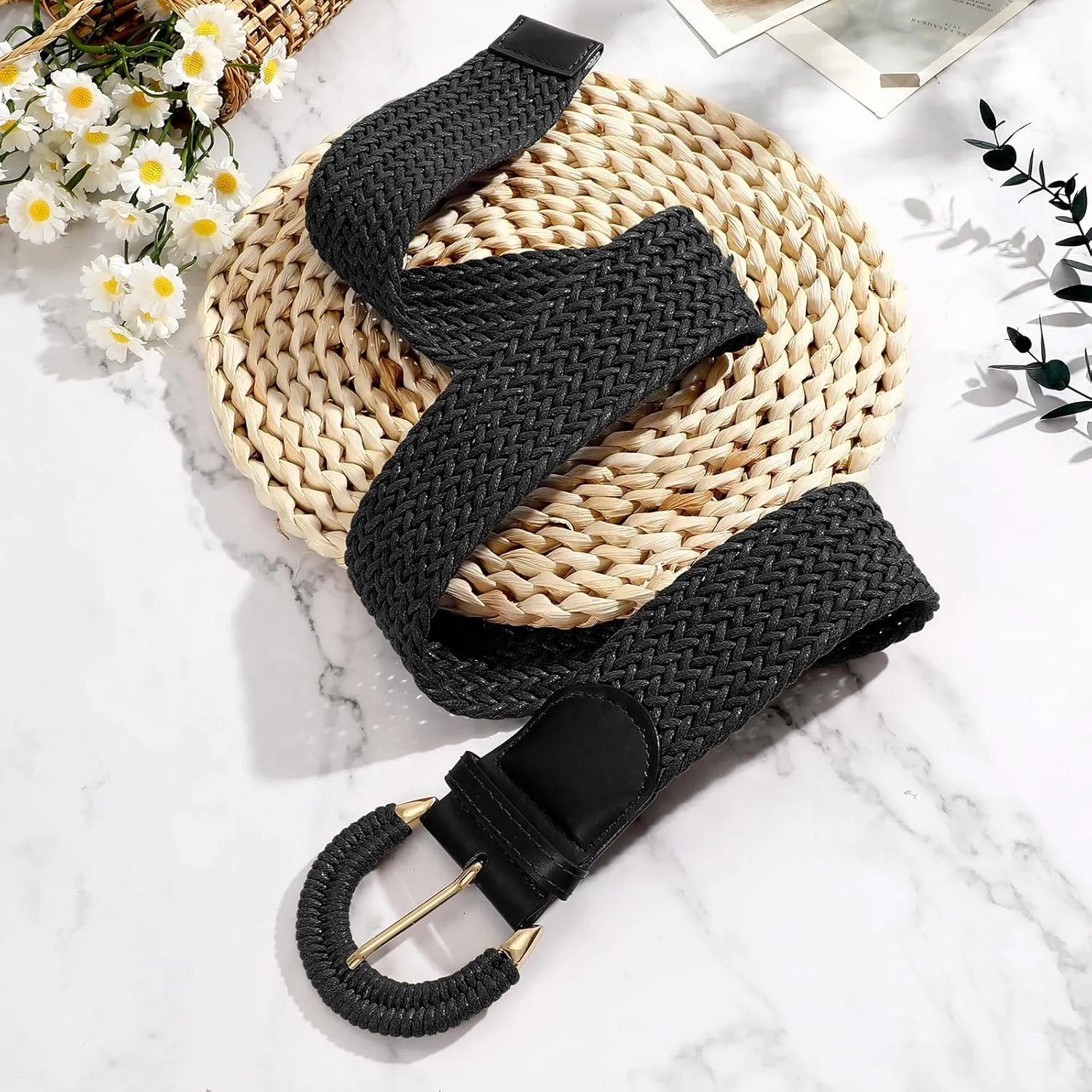 SANSTHS Women Wide Woven Belt for Dresses Fashion Rattan Braided Waist Belt Straw Raffia Boho Belt for Jeans