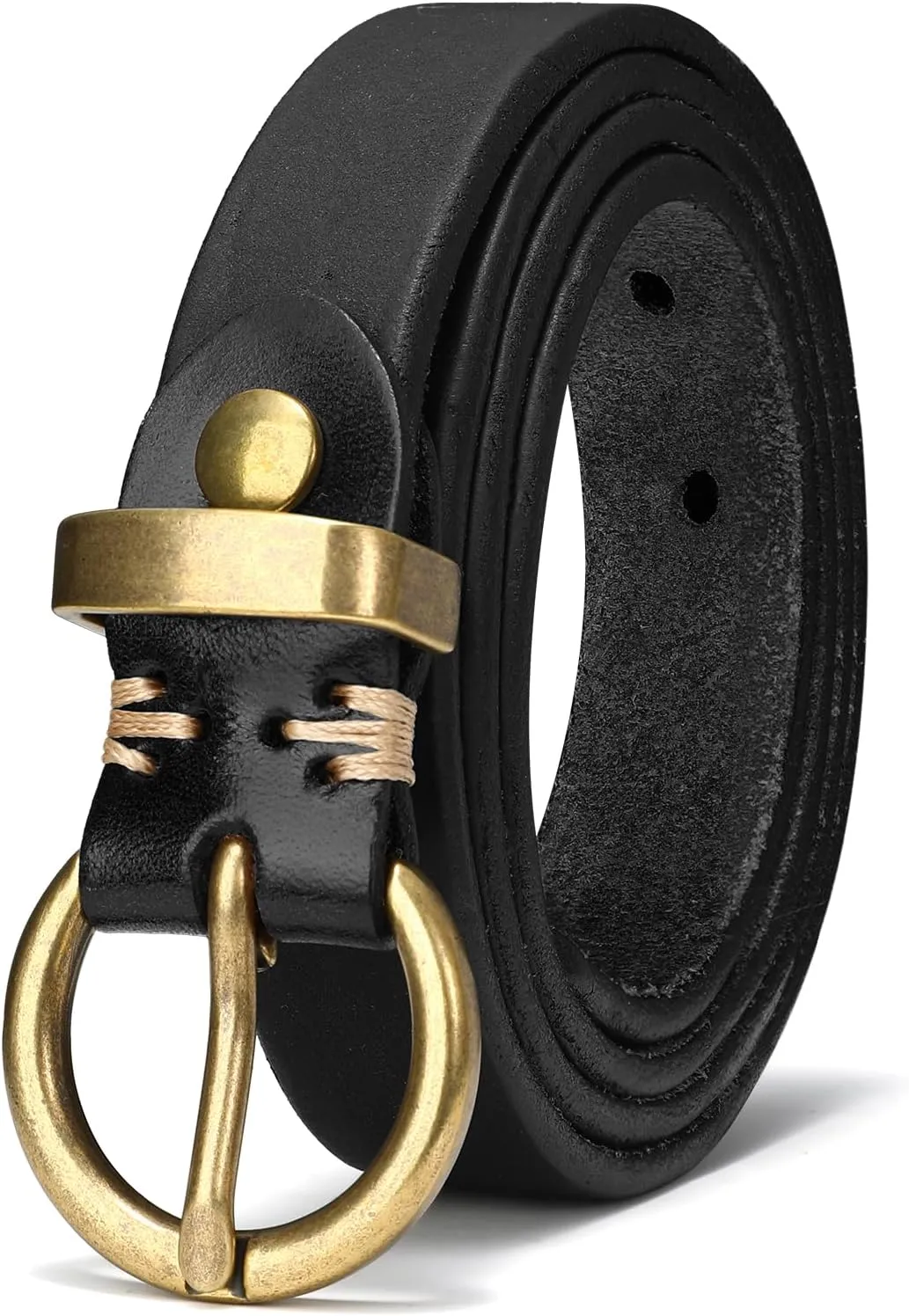 SANSTHS Womens Genuine Leather Belts for Jeans Pants Trendy Vintage Thin Leather Belt Gold Buckle Ladies Skinny Waist Belt