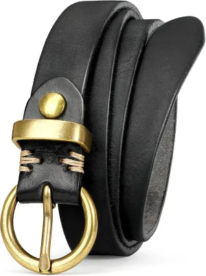 SANSTHS Womens Genuine Leather Belts for Jeans Pants Trendy Vintage Thin Leather Belt Gold Buckle Ladies Skinny Waist Belt