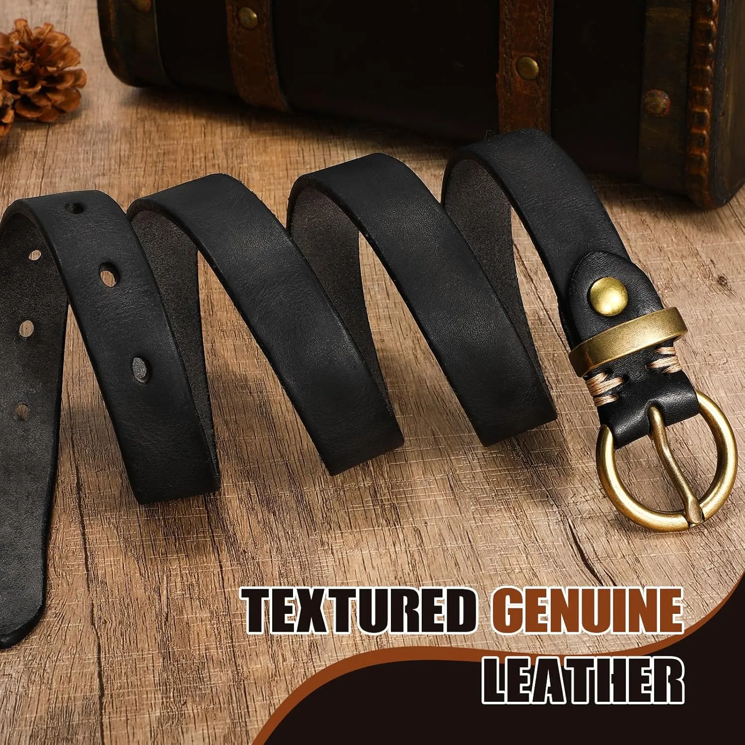 SANSTHS Womens Genuine Leather Belts for Jeans Pants Trendy Vintage Thin Leather Belt Gold Buckle Ladies Skinny Waist Belt
