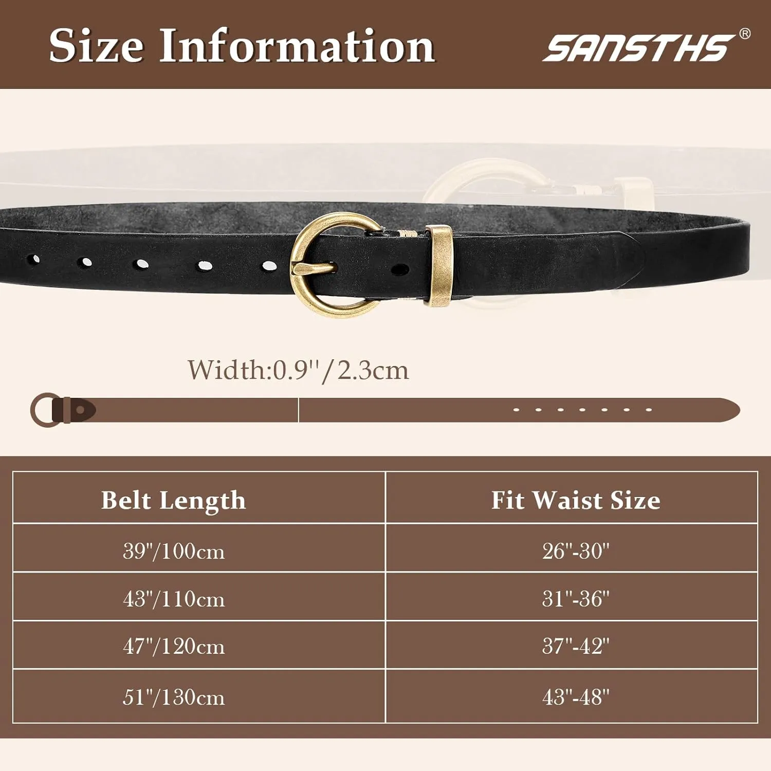 SANSTHS Womens Genuine Leather Belts for Jeans Pants Trendy Vintage Thin Leather Belt Gold Buckle Ladies Skinny Waist Belt