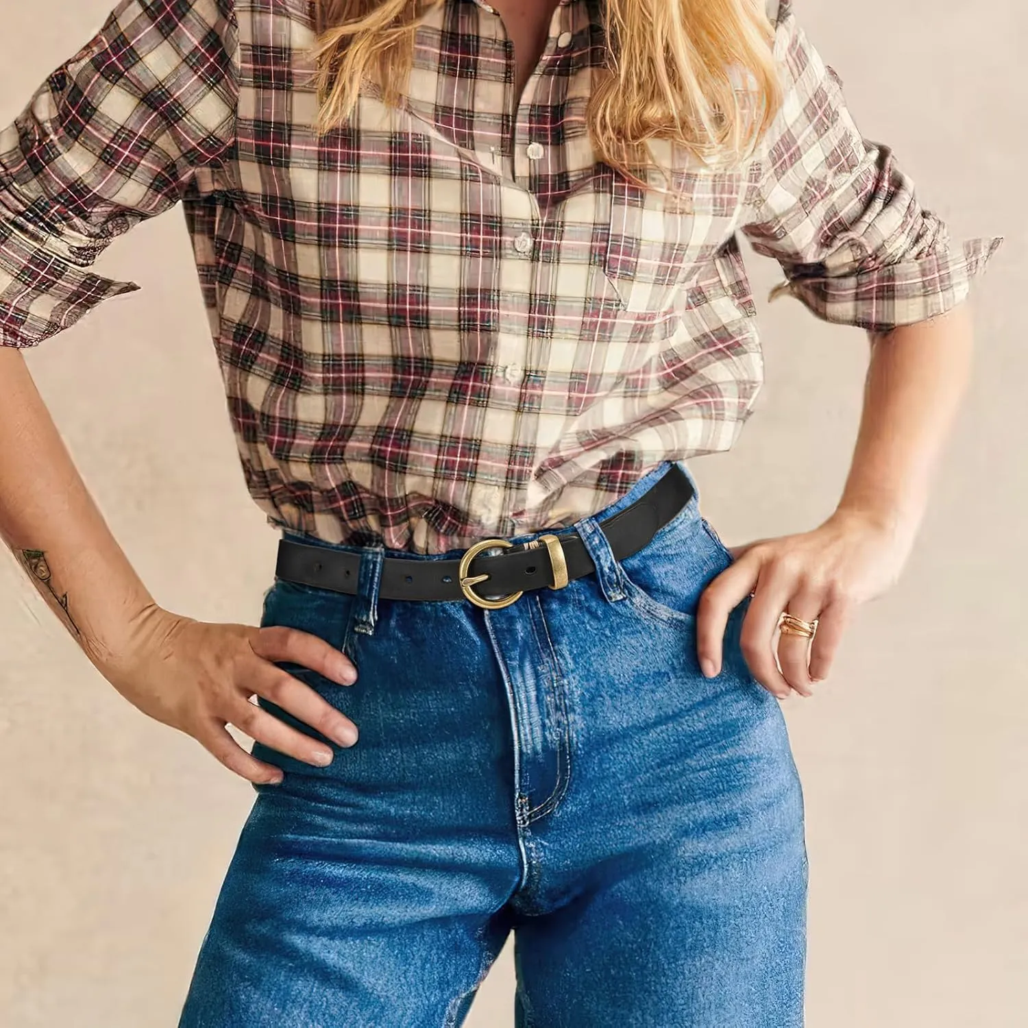 SANSTHS Womens Genuine Leather Belts for Jeans Pants Trendy Vintage Thin Leather Belt Gold Buckle Ladies Skinny Waist Belt