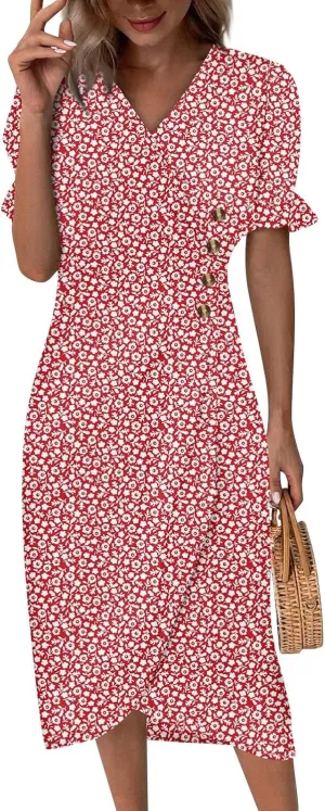 Shift Dresses for Women Faux Wrap Irregular Hem Boho Midi-Dress Elegant Summer 2024 Trendy
