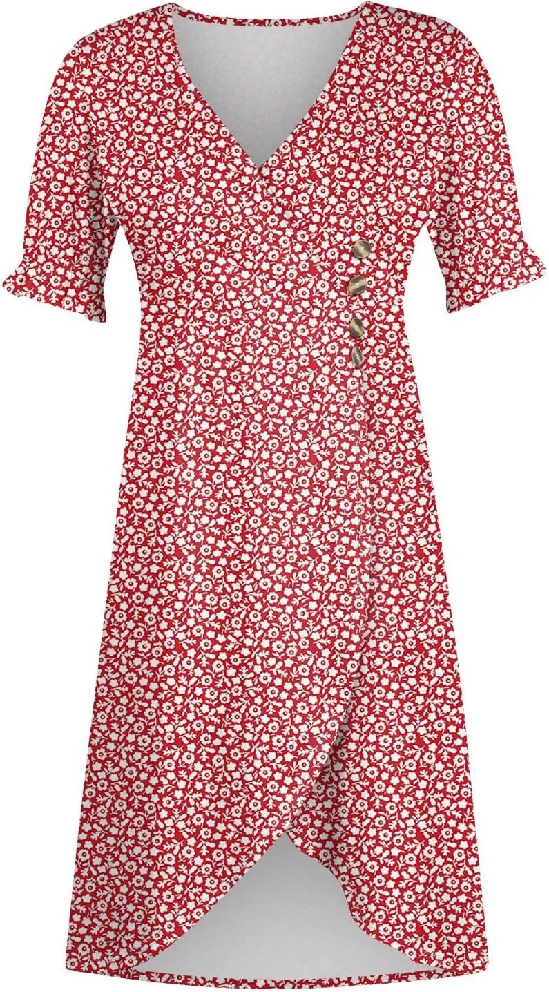 Shift Dresses for Women Faux Wrap Irregular Hem Boho Midi-Dress Elegant Summer 2024 Trendy