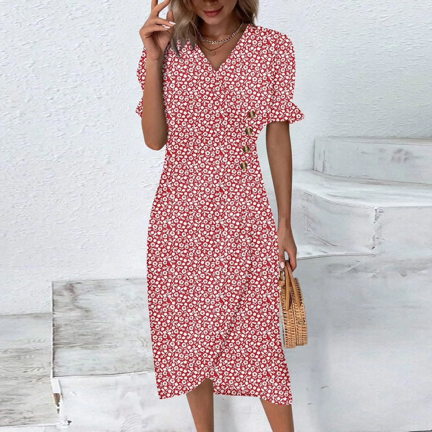 Shift Dresses for Women Faux Wrap Irregular Hem Boho Midi-Dress Elegant Summer 2024 Trendy