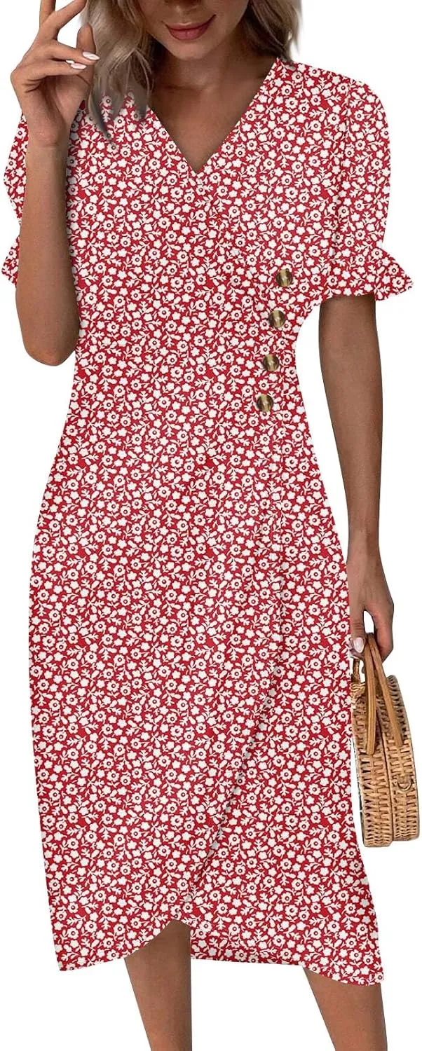 Shift Dresses for Women Faux Wrap Irregular Hem Boho Midi-Dress Elegant Summer 2024 Trendy