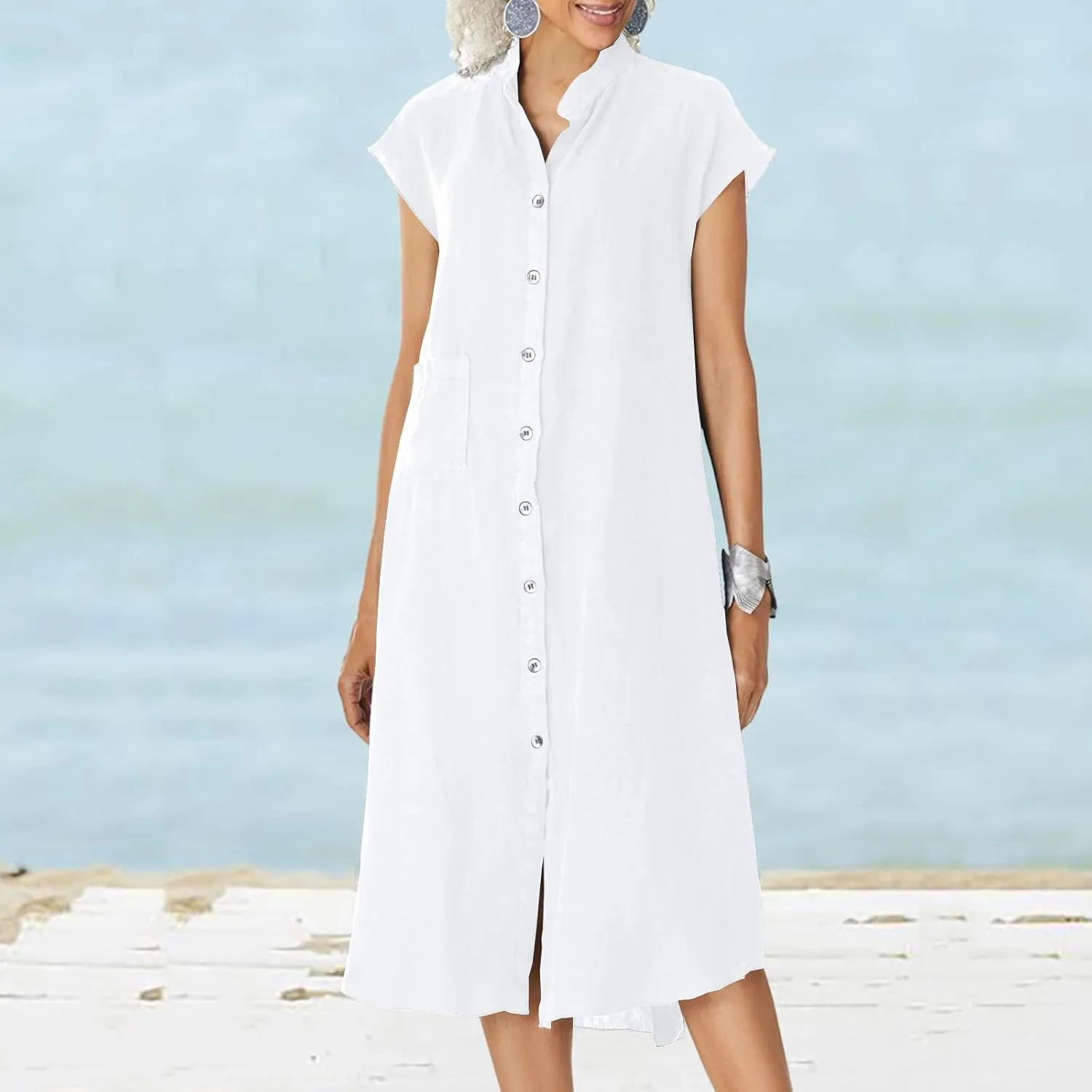 Shirt Dresses for Women Button Down Knee Length Cotton Linen Dress Cover Up Oversized Blouse Tops Flowy Dress Pockets