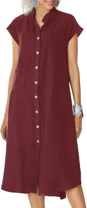 Shirt Dresses for Women Button Down Knee Length Cotton Linen Dress Cover Up Oversized Blouse Tops Flowy Dress Pockets