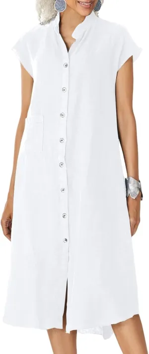 Shirt Dresses for Women Button Down Knee Length Cotton Linen Dress Cover Up Oversized Blouse Tops Flowy Dress Pockets