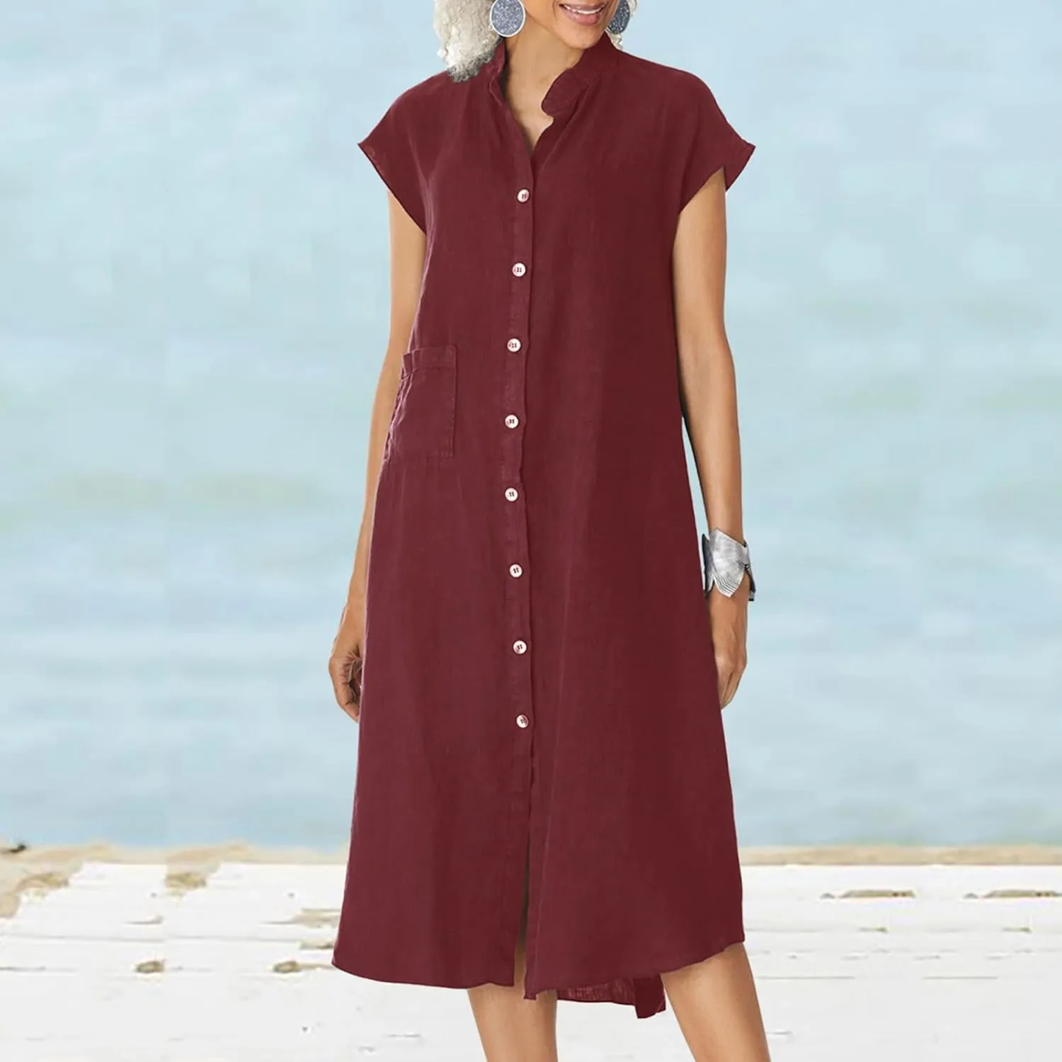 Shirt Dresses for Women Button Down Knee Length Cotton Linen Dress Cover Up Oversized Blouse Tops Flowy Dress Pockets
