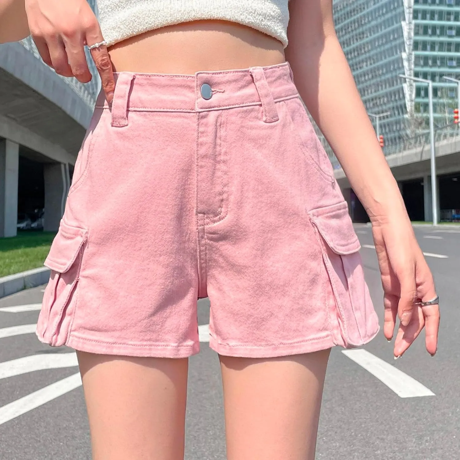 Shorts for Women High Waisted A-Line Wide Leg Cargo Summer Shorts Outdoor Workout Travel Denim Pull On Shorts