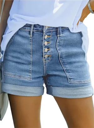 Sidefeel Womens Jean Shorts High Waisted Stretchy Buttoned Folded Hem Zimbaplatinum Denim Shorts
