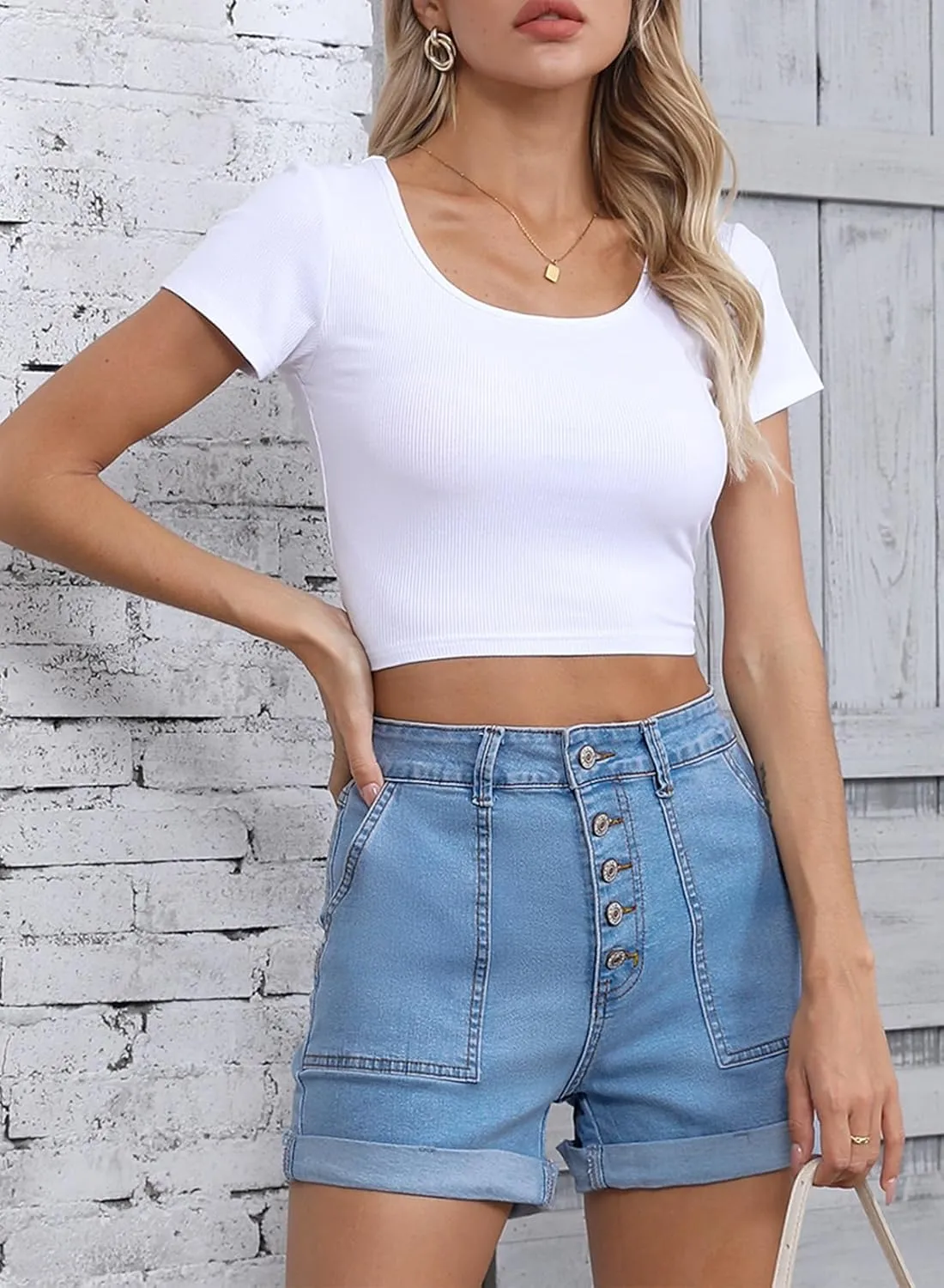 Sidefeel Womens Jean Shorts High Waisted Stretchy Buttoned Folded Hem Zimbaplatinum Denim Shorts