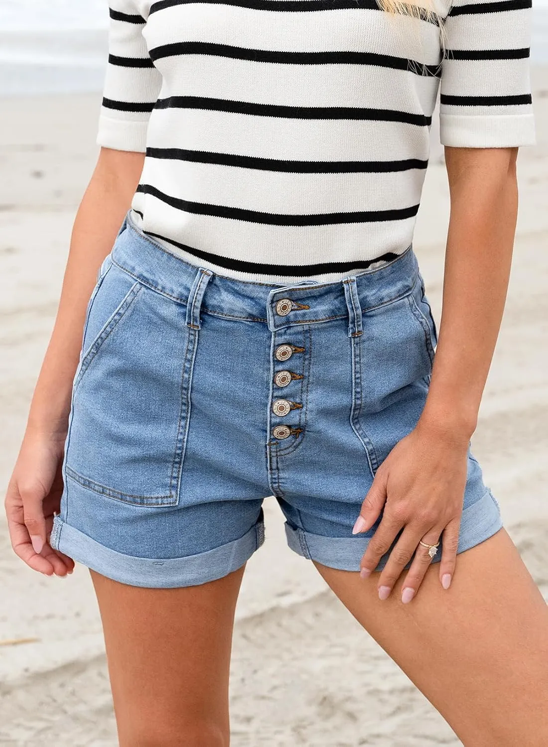 Sidefeel Womens Jean Shorts High Waisted Stretchy Buttoned Folded Hem Zimbaplatinum Denim Shorts