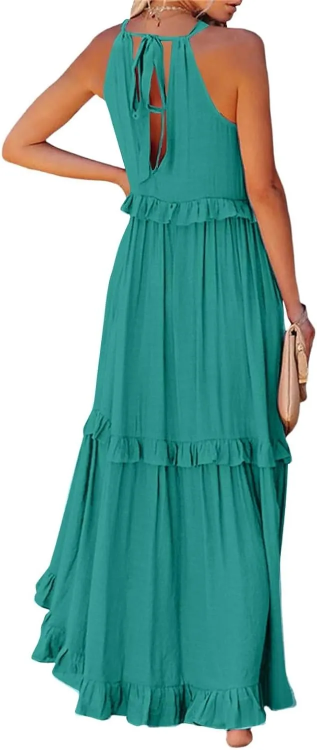 Smocked Dress for Women Summer Sleeveless Tank Dress Halter Tie Back Loose Flowy Ruffle Tiered Maxi Dresses
