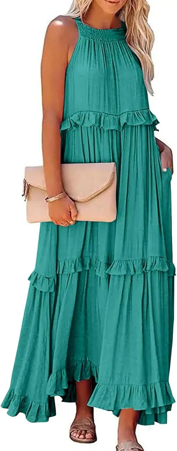 Smocked Dress for Women Summer Sleeveless Tank Dress Halter Tie Back Loose Flowy Ruffle Tiered Maxi Dresses