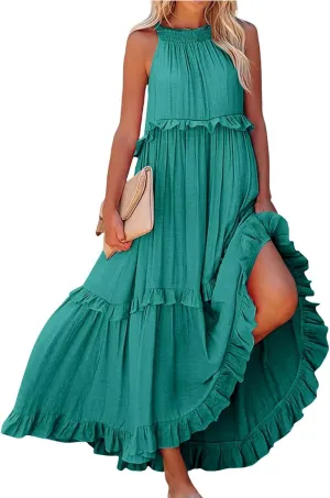 Smocked Dress for Women Summer Sleeveless Tank Dress Halter Tie Back Loose Flowy Ruffle Tiered Maxi Dresses