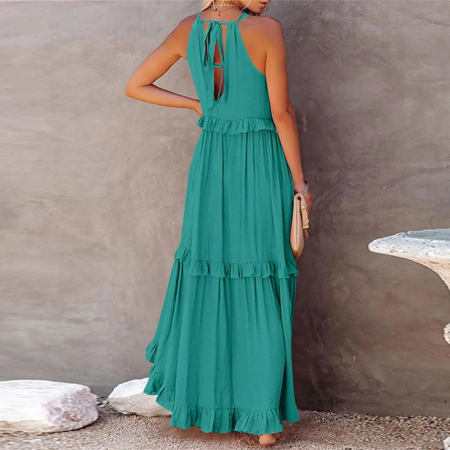 Smocked Dress for Women Summer Sleeveless Tank Dress Halter Tie Back Loose Flowy Ruffle Tiered Maxi Dresses