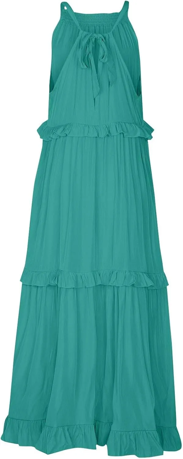 Smocked Dress for Women Summer Sleeveless Tank Dress Halter Tie Back Loose Flowy Ruffle Tiered Maxi Dresses