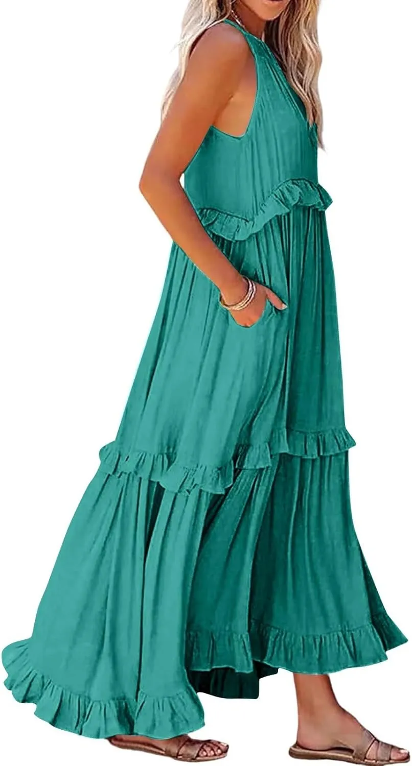 Smocked Dress for Women Summer Sleeveless Tank Dress Halter Tie Back Loose Flowy Ruffle Tiered Maxi Dresses
