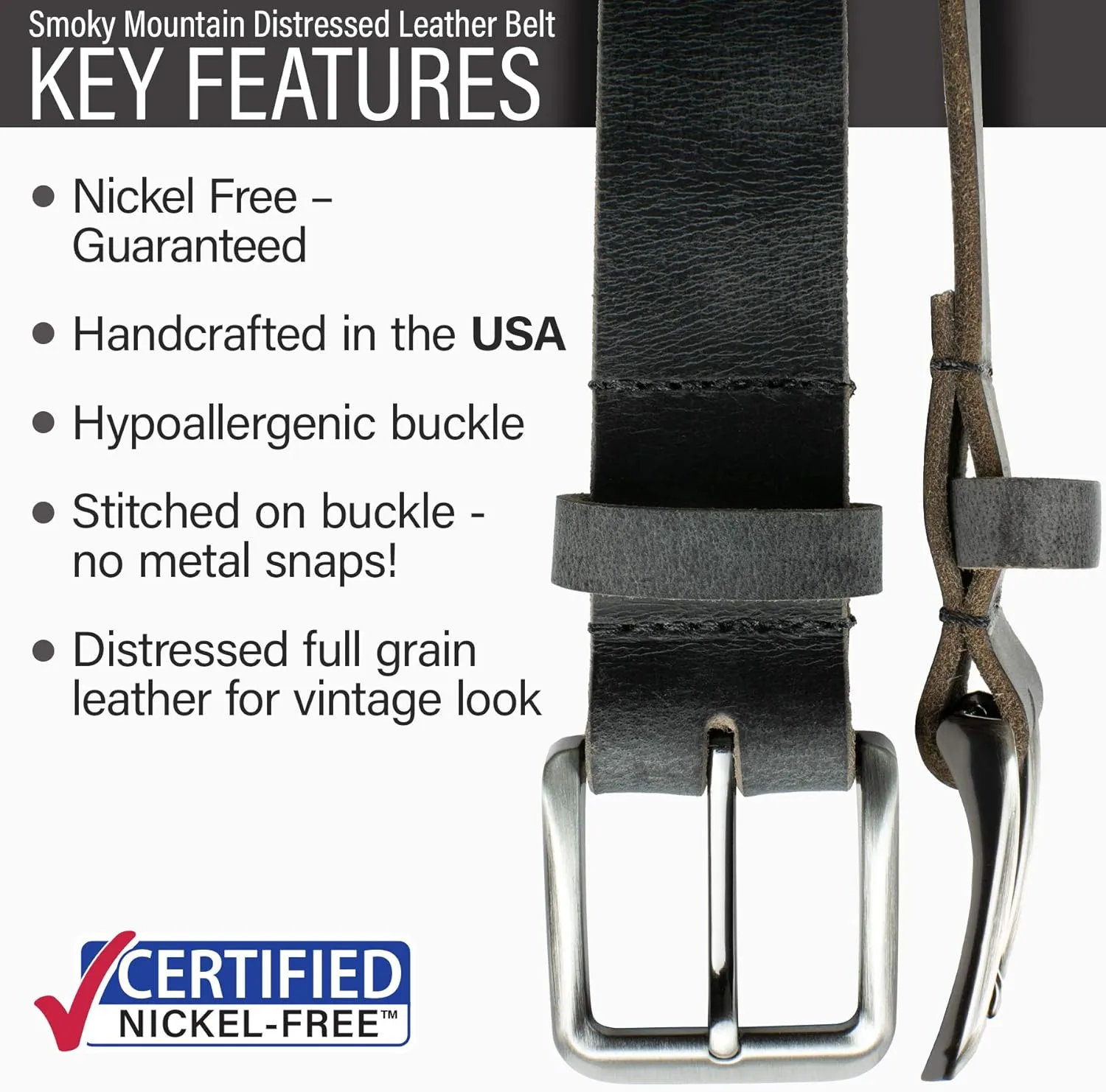 Smoky Mountain Belt - USA Made Genuine Full Grain Leather Belt with Certified Nickel Free Buckle