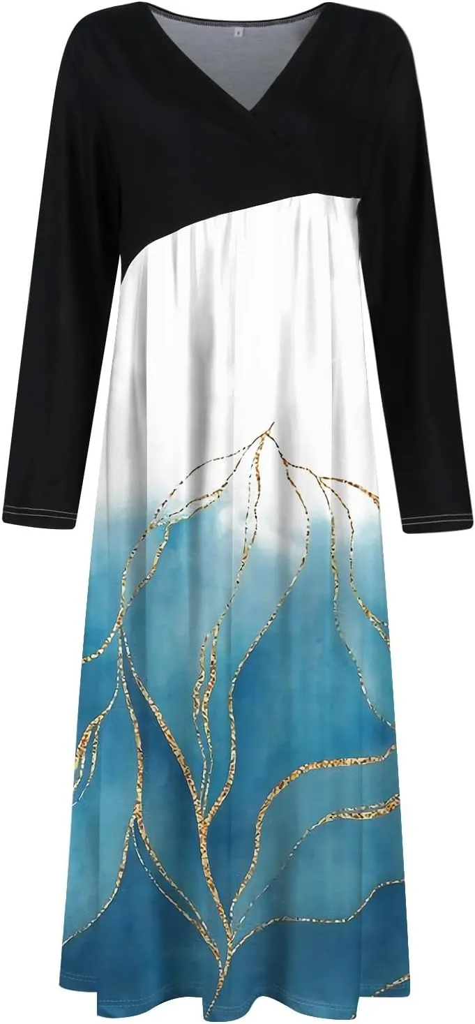 Spring Dresses for Women 2025 Midi Long Sleeve V Neck Tea Length Vacation Work Flowy Office Fashion Dress
