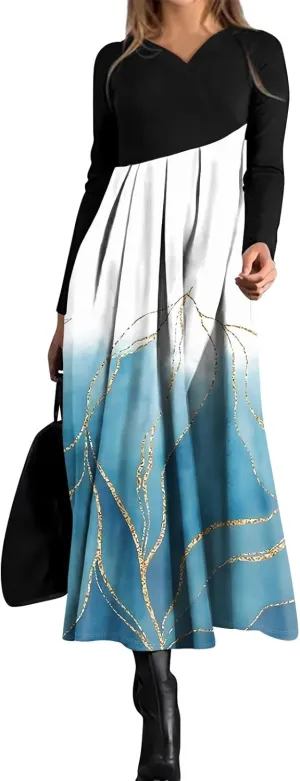 Spring Dresses for Women 2025 Midi Long Sleeve V Neck Tea Length Vacation Work Flowy Office Fashion Dress