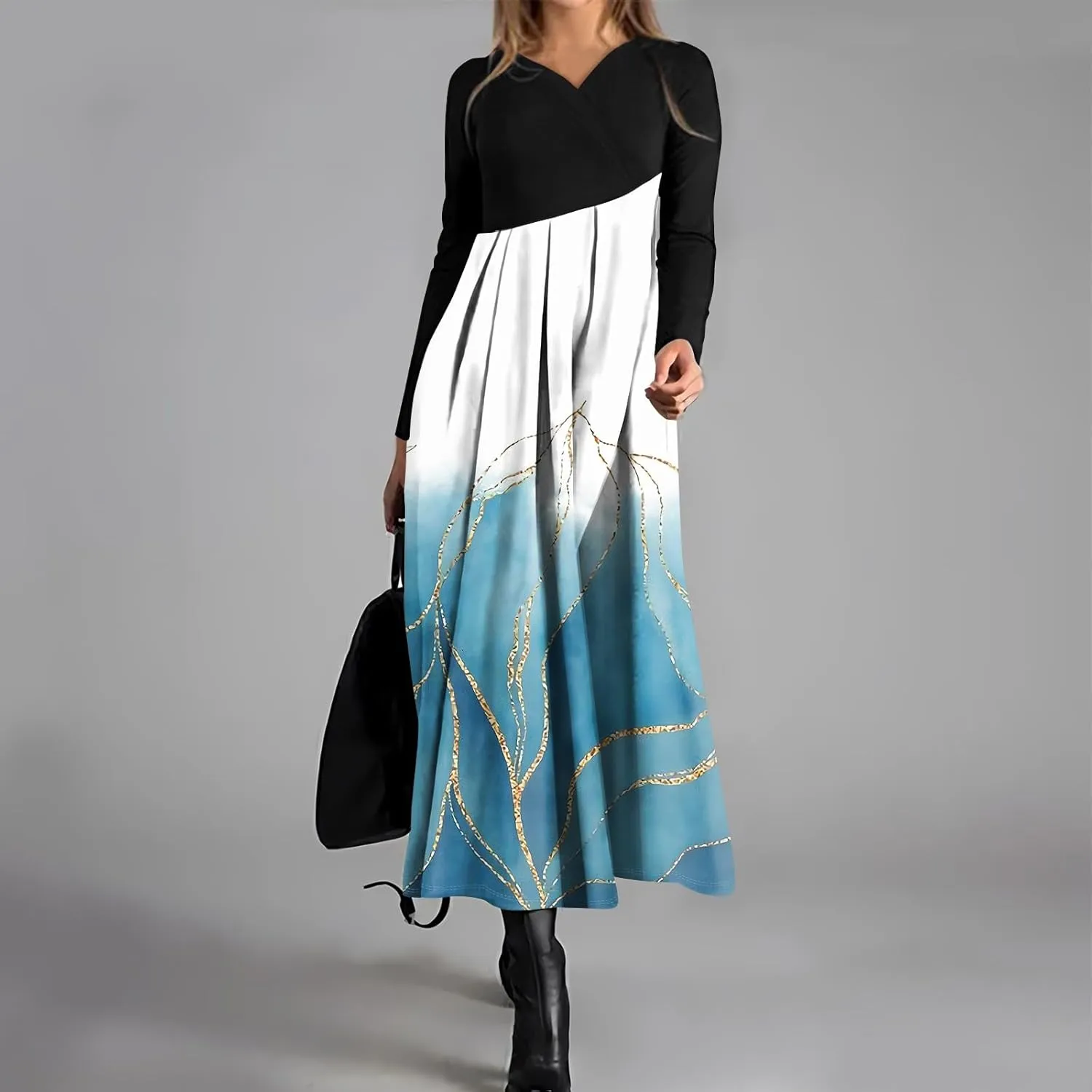 Spring Dresses for Women 2025 Midi Long Sleeve V Neck Tea Length Vacation Work Flowy Office Fashion Dress