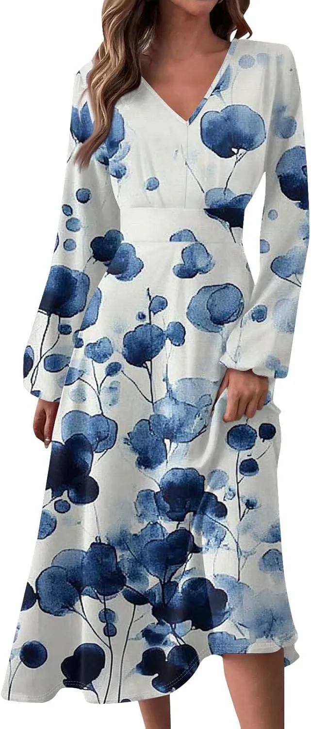Spring Dresses for Women 2025 Midi V Neck Long Sleeve Summer Casual Modest Tea Length Western Loose Dress