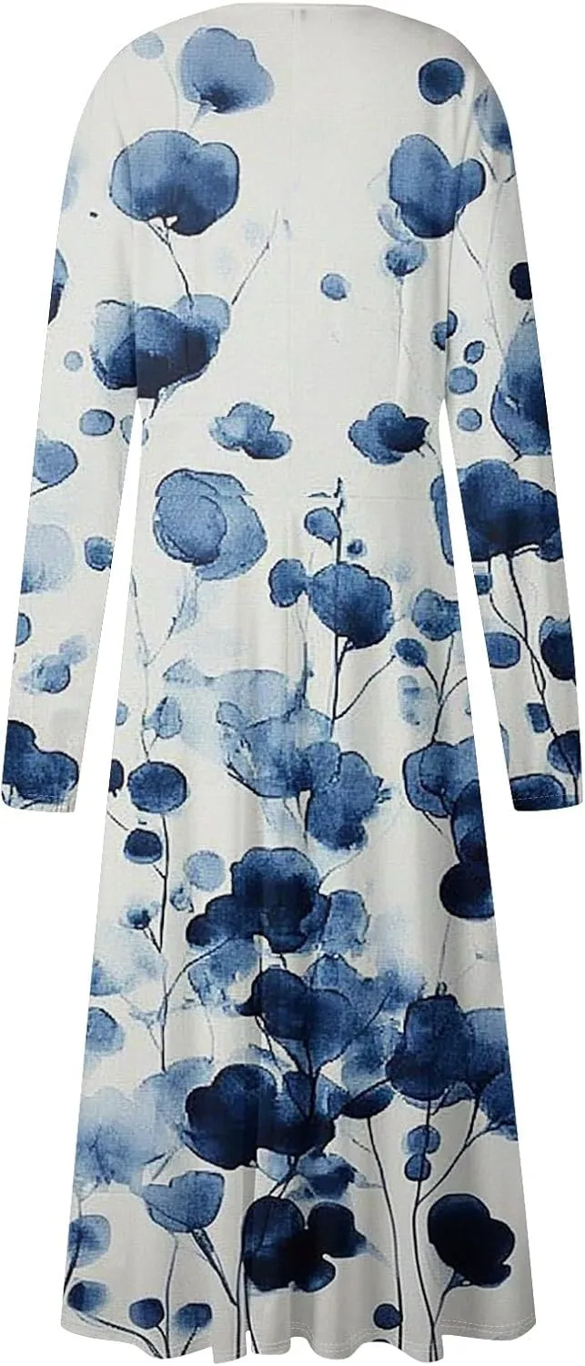 Spring Dresses for Women 2025 Midi V Neck Long Sleeve Summer Casual Modest Tea Length Western Loose Dress