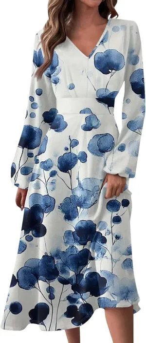 Spring Dresses for Women 2025 Midi V Neck Long Sleeve Summer Casual Modest Tea Length Western Loose Dress