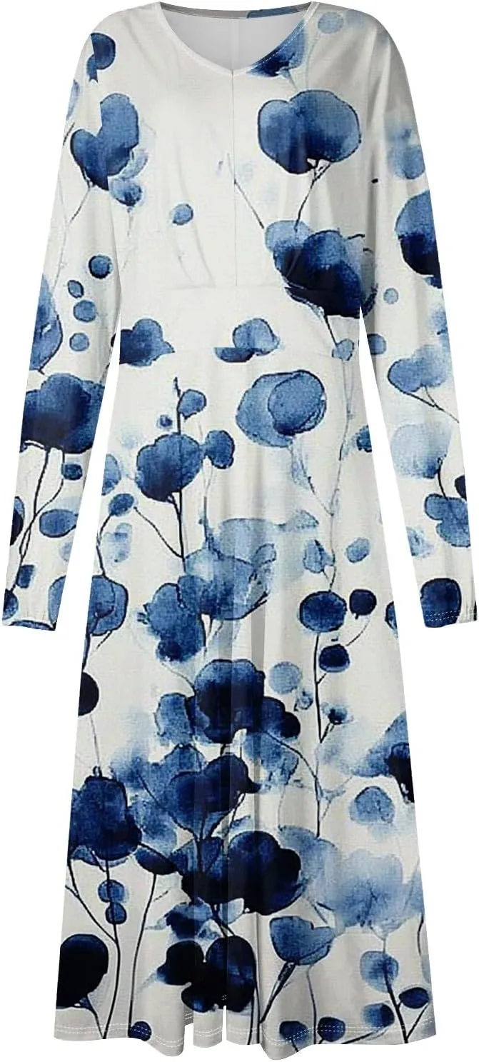 Spring Dresses for Women 2025 Midi V Neck Long Sleeve Summer Casual Modest Tea Length Western Loose Dress