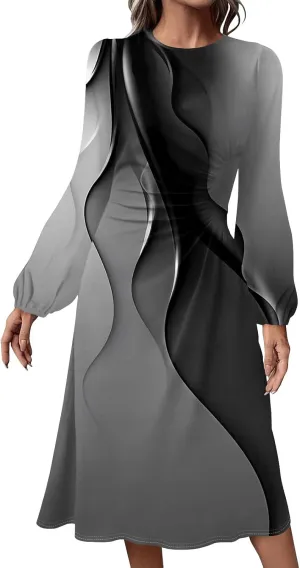 Spring Dresses for Women 2025 O Neck Long Sleeve Midi Flowy Teens Elegant Work Dressy Fitted Dress