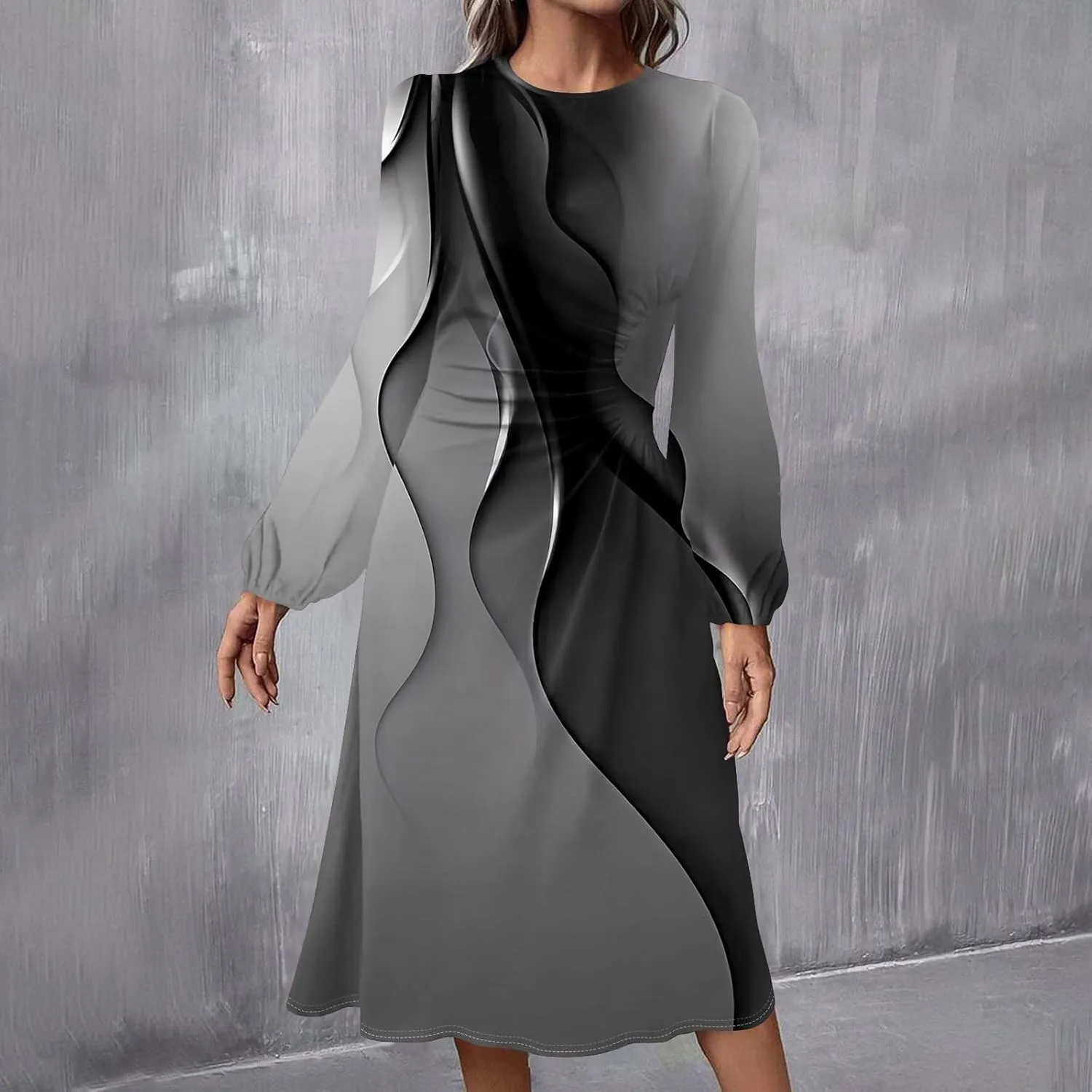 Spring Dresses for Women 2025 O Neck Long Sleeve Midi Flowy Teens Elegant Work Dressy Fitted Dress