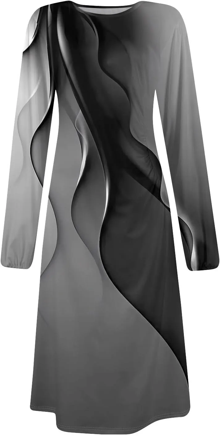 Spring Dresses for Women 2025 O Neck Long Sleeve Midi Flowy Teens Elegant Work Dressy Fitted Dress