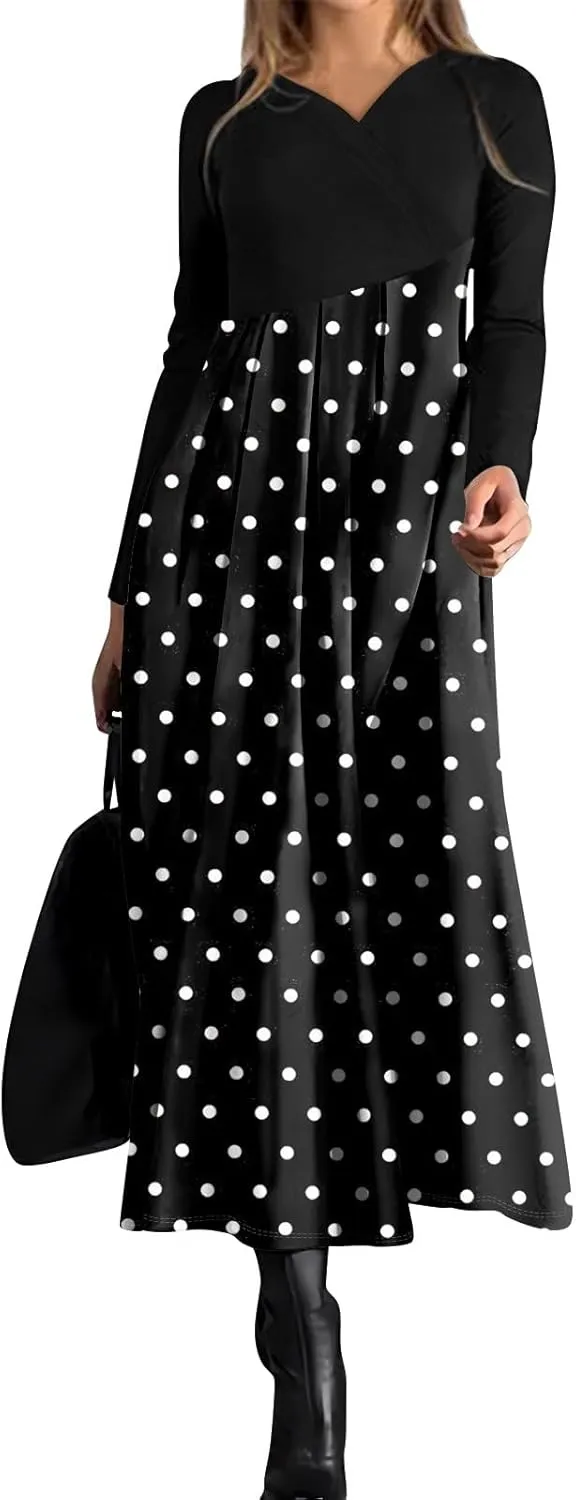 Spring Dresses for Women 2025 V Neck Long Sleeve Midi Trendy Elegant Casual Teens Holiday Cruise Dress