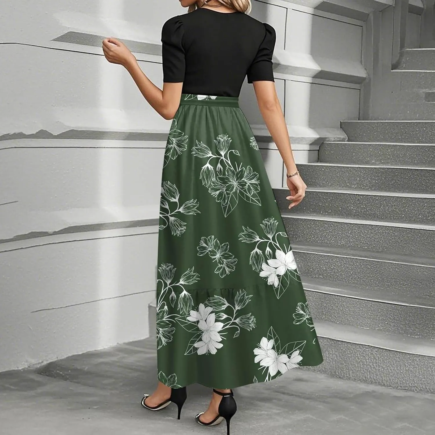 Spring/Summer Dresses for Women 2025- Floral Print Wrap Short Sleeve Maxi Dress Patchwork Ruffle Hem A Line Dress