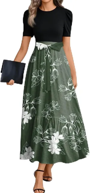 Spring/Summer Dresses for Women 2025- Floral Print Wrap Short Sleeve Maxi Dress Patchwork Ruffle Hem A Line Dress