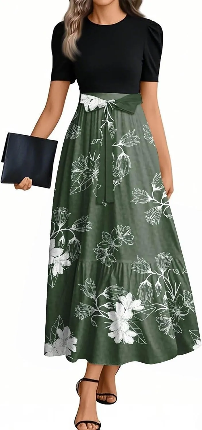 Spring/Summer Dresses for Women 2025- Floral Print Wrap Short Sleeve Maxi Dress Patchwork Ruffle Hem A Line Dress