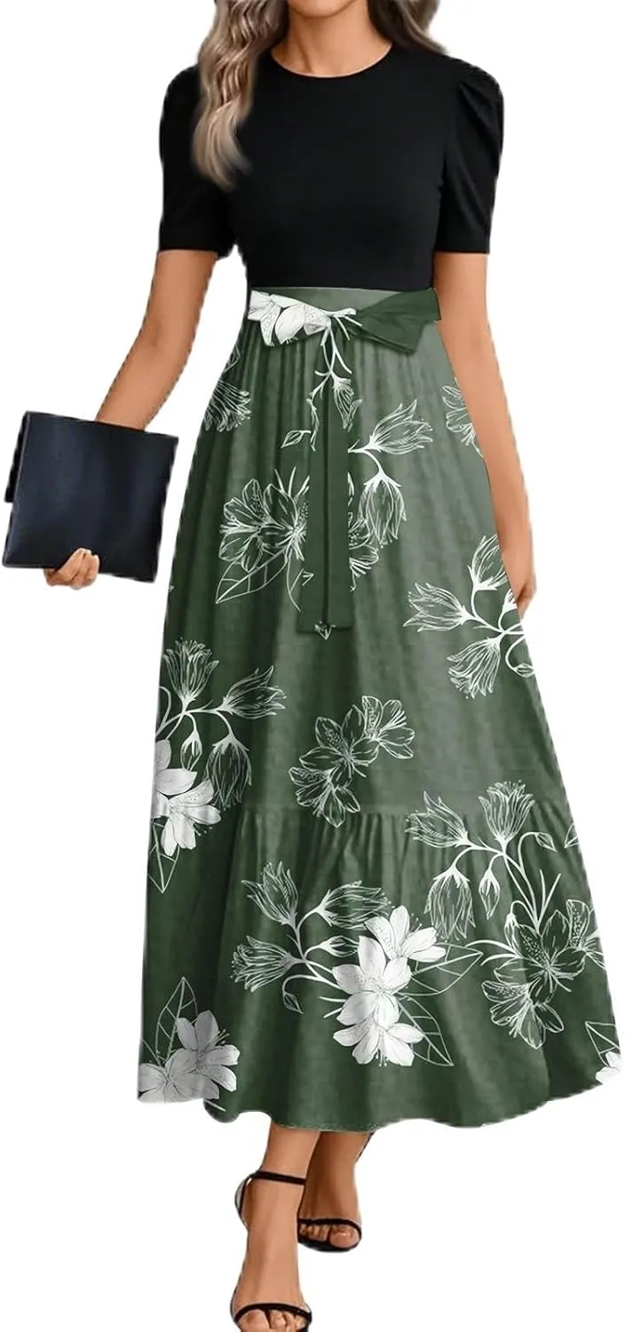 Spring/Summer Dresses for Women 2025- Floral Print Wrap Short Sleeve Maxi Dress Patchwork Ruffle Hem A Line Dress