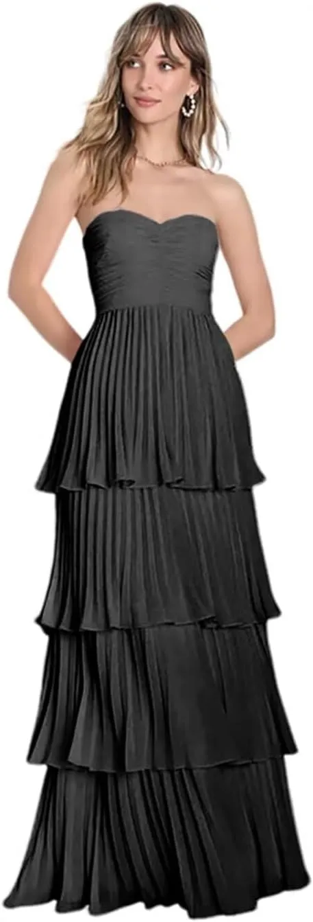 Strapless Tiered Prom Dresses 2025 for Women Sweetheart Bridesmaid Dresses Chiffon Ruched Formal Dress