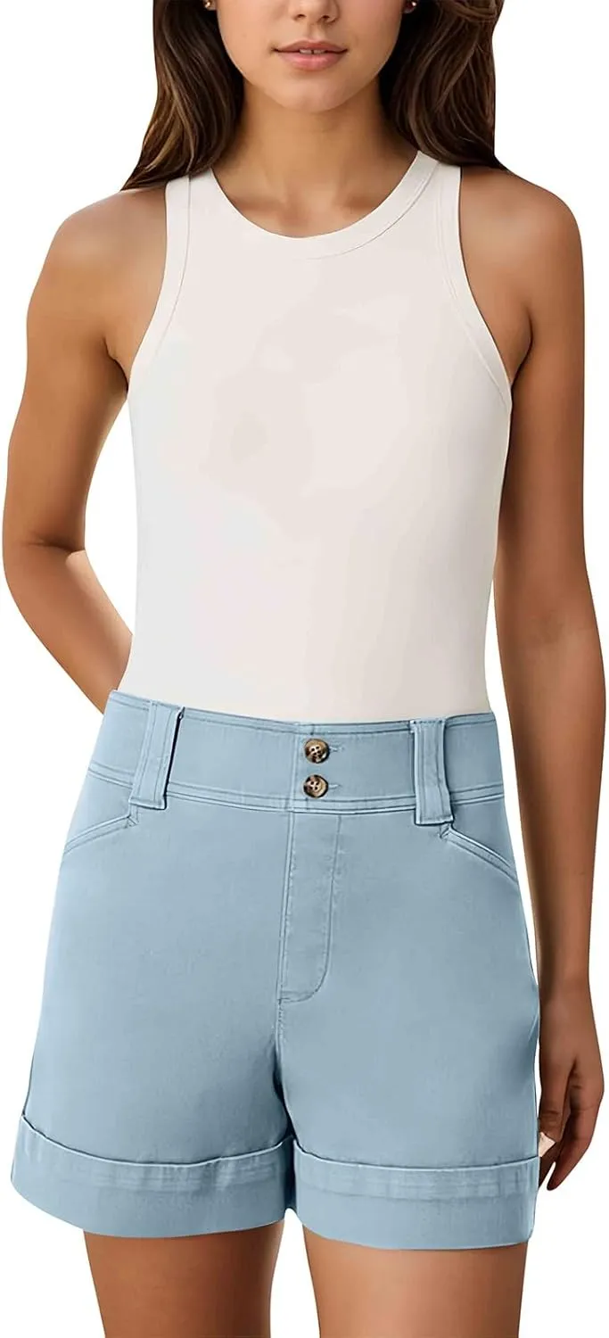Stretch Twill Shorts Women Elastic High Waisted Denim Shorts Pull On Chino Shorts Summer Bermuda Shorts with Pockets