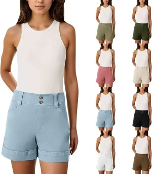 Stretch Twill Shorts Women Elastic High Waisted Denim Shorts Pull On Chino Shorts Summer Bermuda Shorts with Pockets