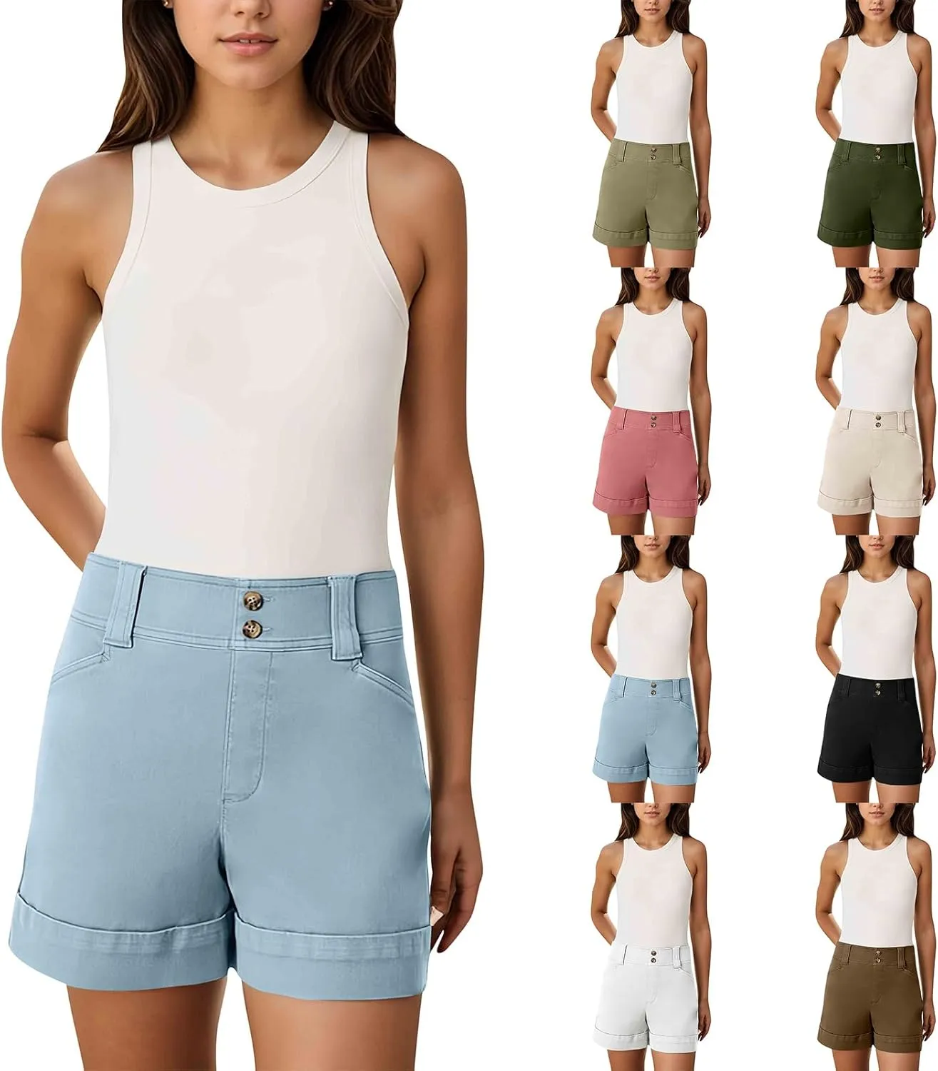 Stretch Twill Shorts Women Elastic High Waisted Denim Shorts Pull On Chino Shorts Summer Bermuda Shorts with Pockets