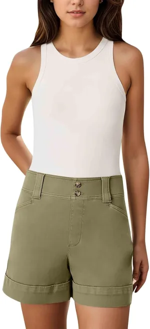 Stretch Twill Shorts Women Elastic High Waisted Denim Shorts Pull On Chino Shorts Summer Bermuda Shorts with Pockets