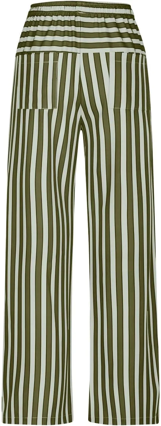 Striped Pants Women Drawstring Elastic Waist Wide Leg Pants Casual Vintage Straight Leg Trousers with Pockets
