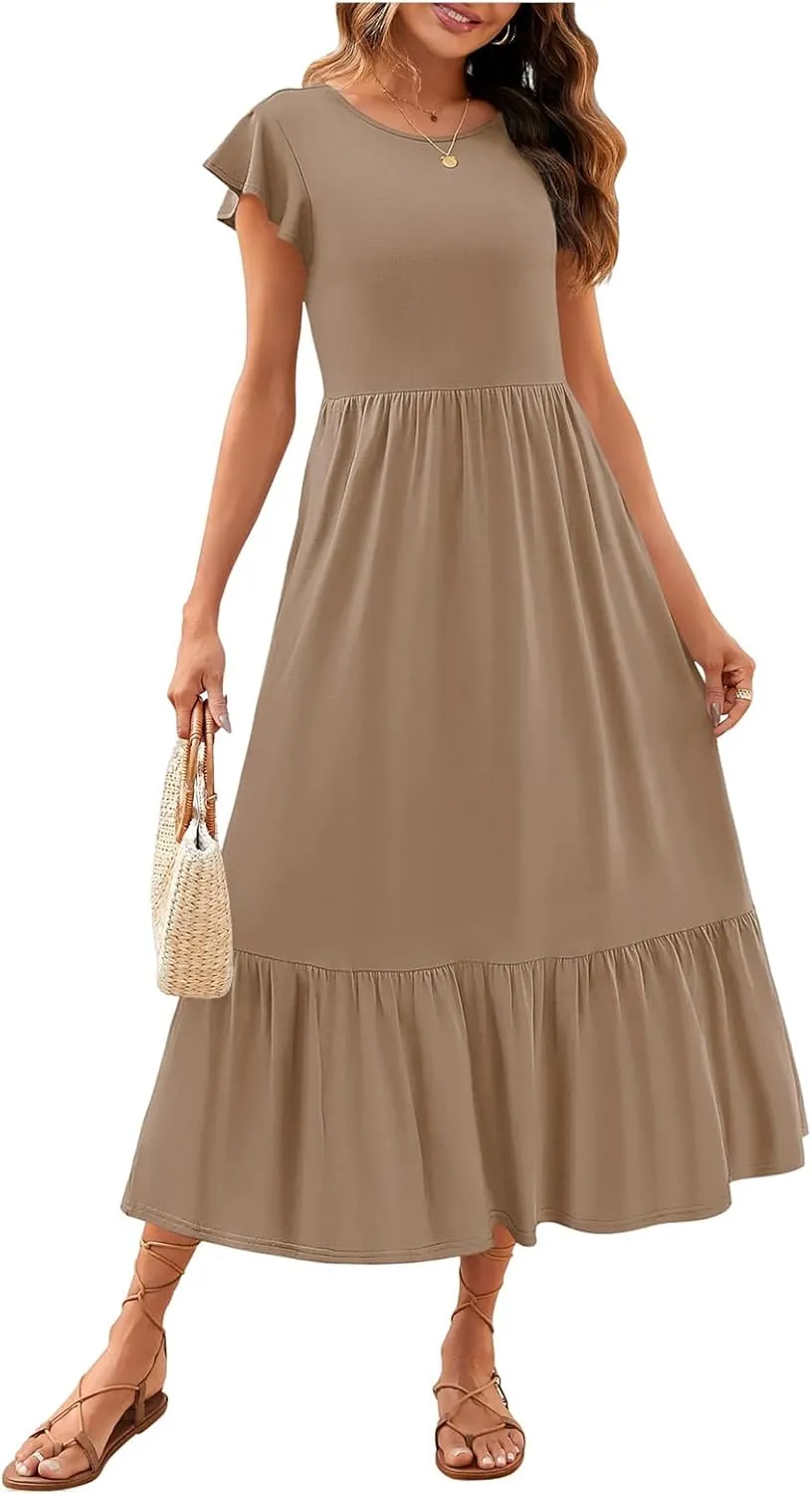 Summer Casual Dress for Women Crew Neck Short Sleeve Dress Smocked Flowy Tiered Midi Dress A-Line Boho Sun Dresses