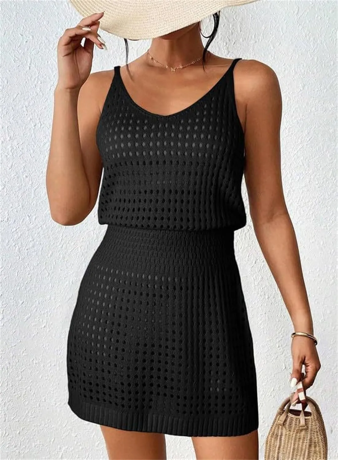 Summer Crochet Hollow Out Knit Beach Bathing Suit Swim Cover Bikini Bathing Suits Swimwear Sleeveless Vacation Dresses