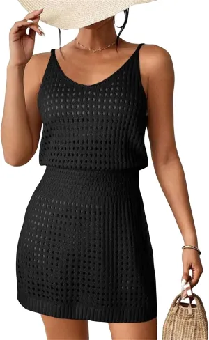 Summer Crochet Hollow Out Knit Beach Bathing Suit Swim Cover Bikini Bathing Suits Swimwear Sleeveless Vacation Dresses