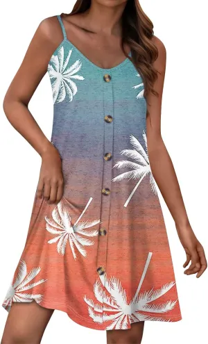 Summer Dress for Women Casual Boho Spaghetti Strap Dresses Floral Print V Neck Button Tank Dresses with Pockets